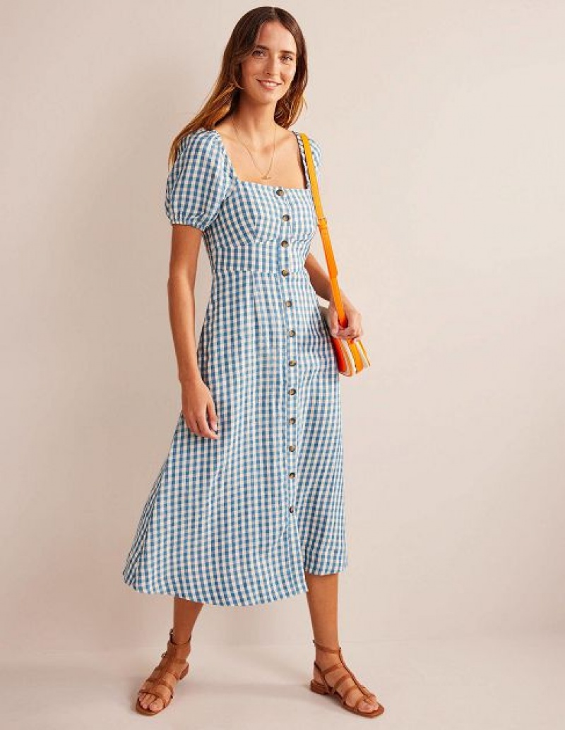 Blue Women's Boden Square Neck Linen Midi Dress | 83206OTZG