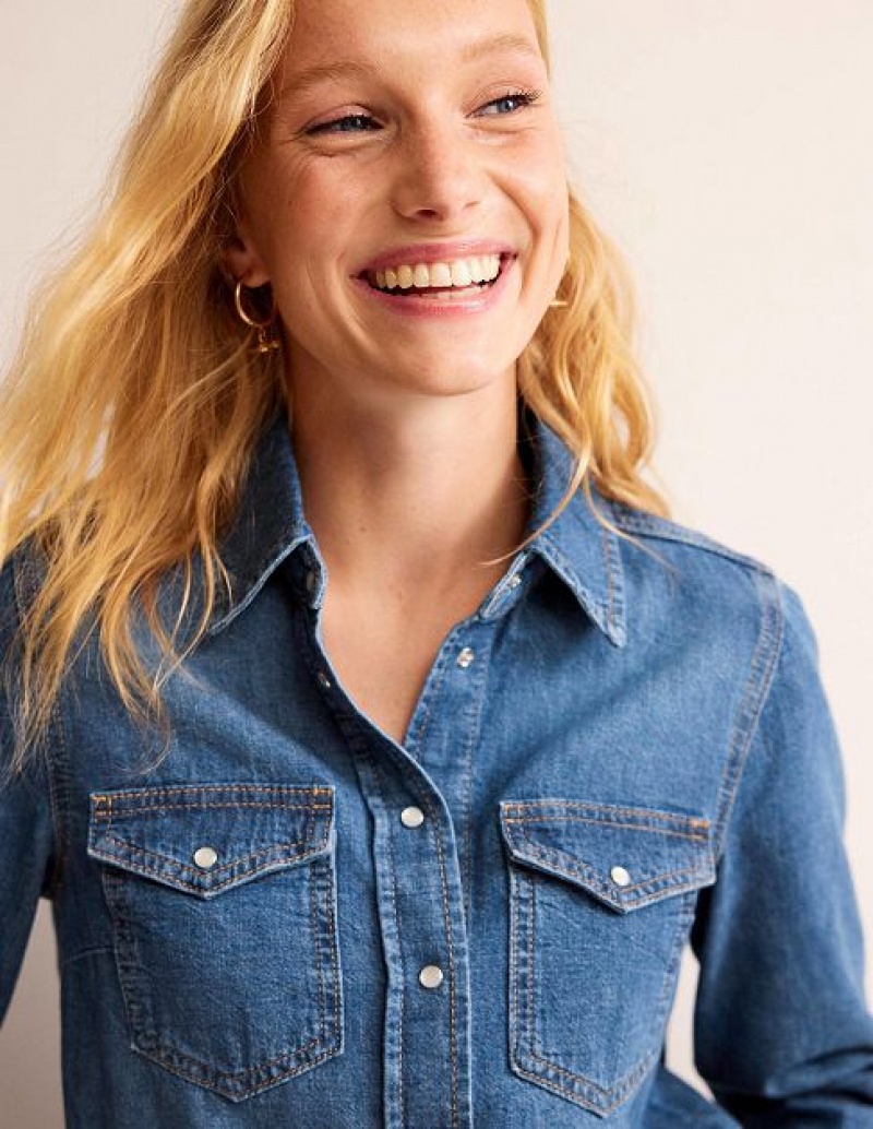 Blue Women's Boden Straight Denim Shirts | 90826RGEX