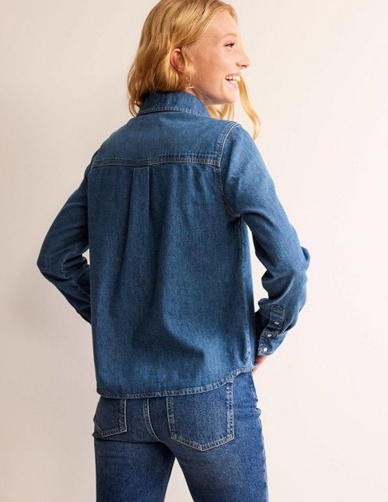 Blue Women's Boden Straight Denim Shirts | 90826RGEX