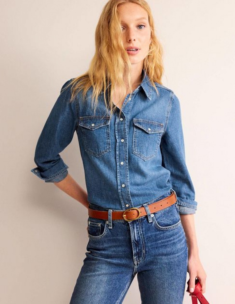 Blue Women's Boden Straight Denim Shirts | 90826RGEX