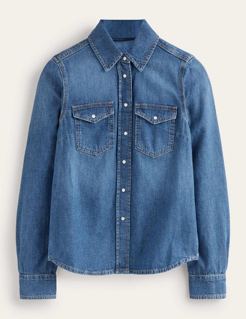 Blue Women's Boden Straight Denim Shirts | 90826RGEX