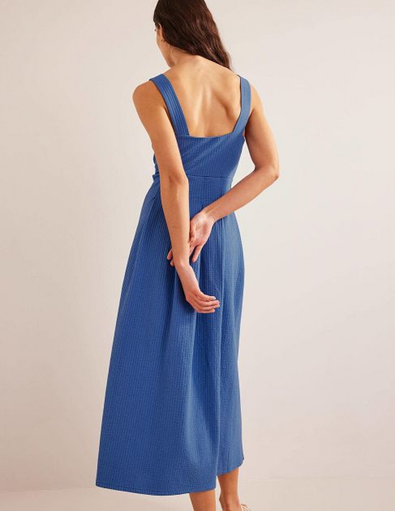 Blue Women's Boden Strappy Seersucker Midi Dress | 87320SIZW