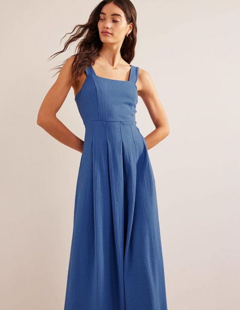 Blue Women's Boden Strappy Seersucker Midi Dress | 87320SIZW