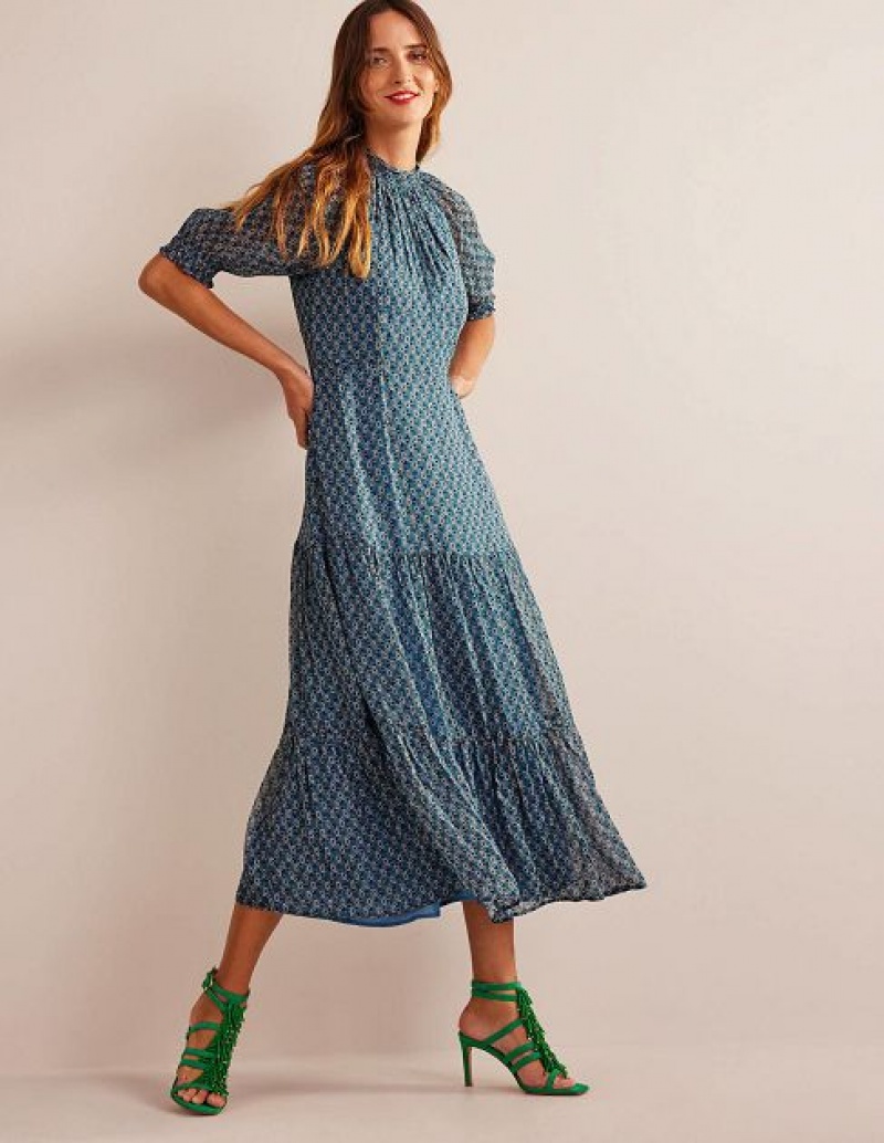 Blue Women's Boden Tie-neck Tiered Maxi Dress | 36248VBLK