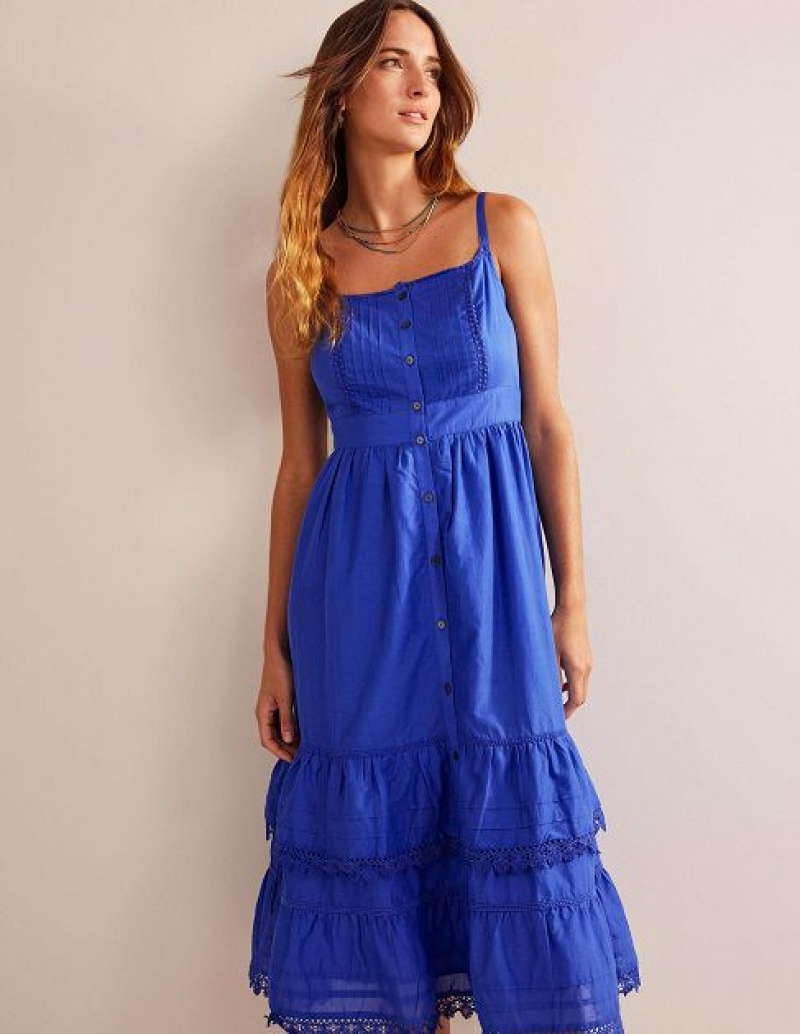 Blue Women\'s Boden Tiered Trim Midi Dress | 51362EOGY