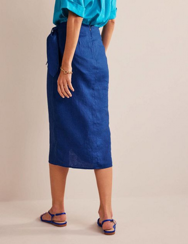 Blue Women's Boden Wrap-front Linen Skirts | 13096TNBM