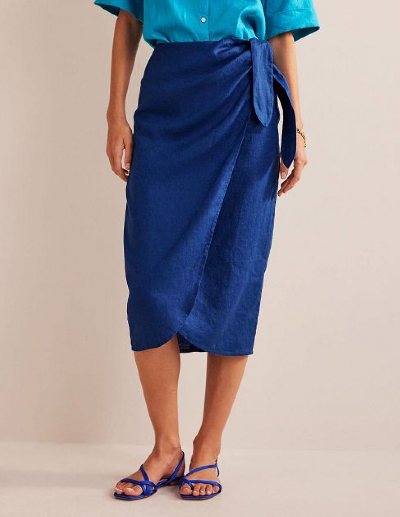 Blue Women's Boden Wrap-front Linen Skirts | 13096TNBM