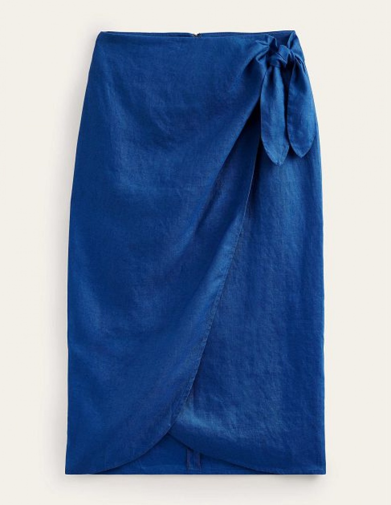 Blue Women's Boden Wrap-front Linen Skirts | 13096TNBM