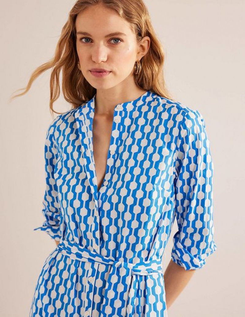 Blue / Azure Women's Boden Collarless Shirt Dress | 78035XWNO