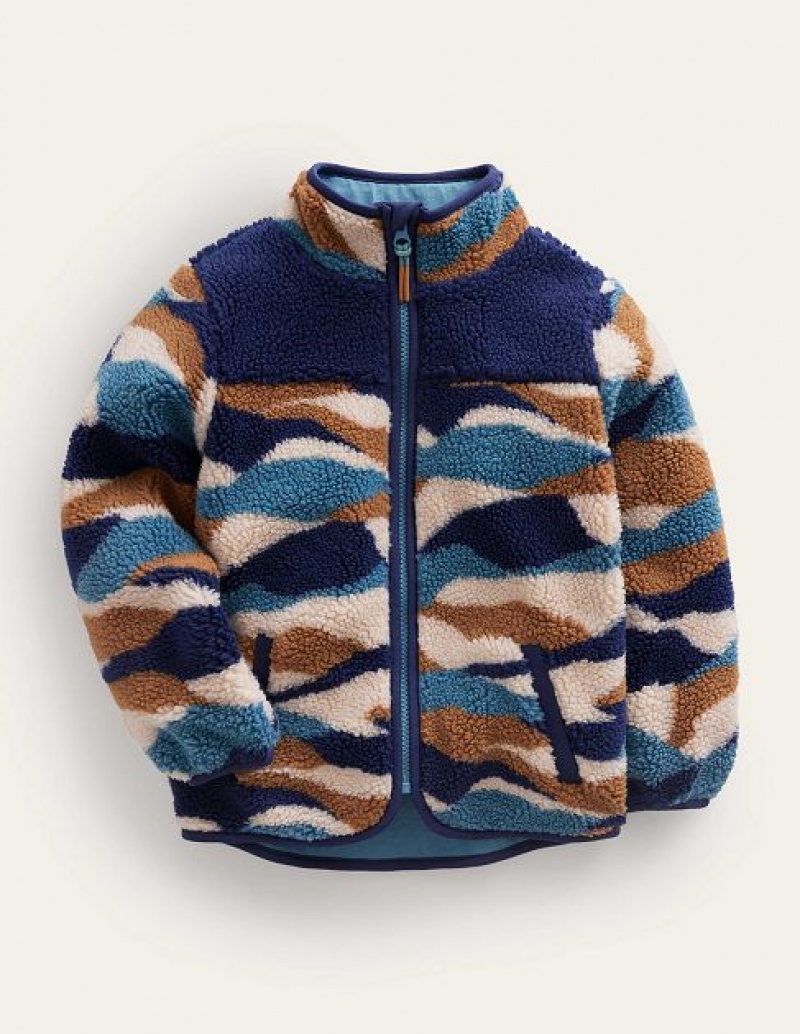 Blue / Brown / Beige Kids' Boden Zip Through Printed Fleece Jackets | 75891WKPL