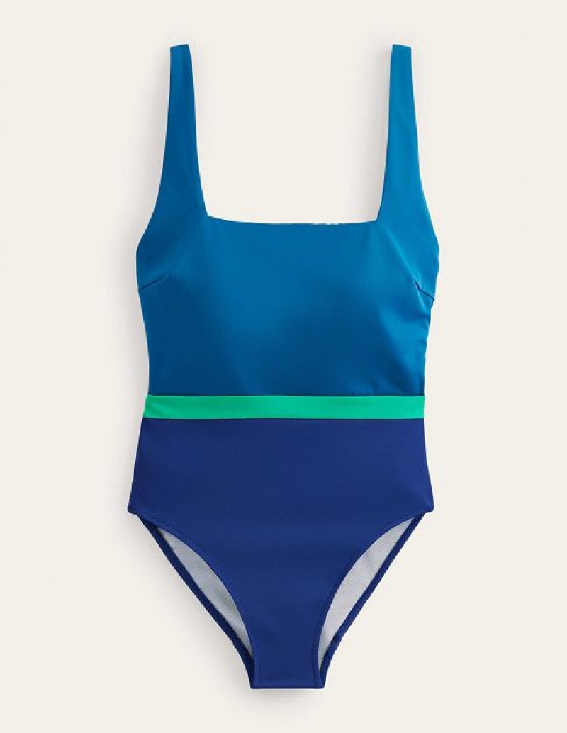 Blue / Green Women's Boden Square Neck Swimsuits | 40762XHVY