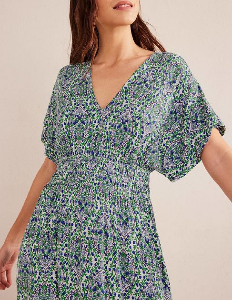 Blue / Green / White Women's Boden Smock Waist Jersey Maxi Dress | 61257GLCO