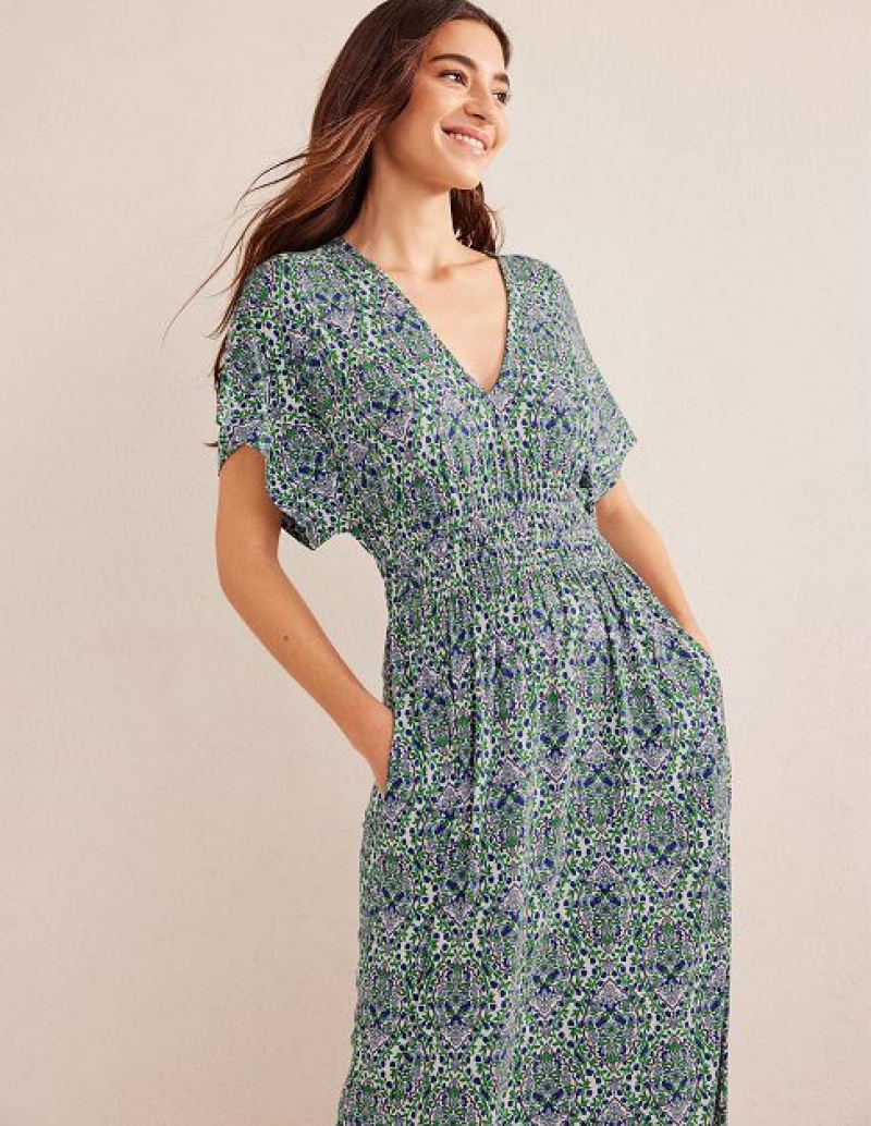 Blue / Green / White Women's Boden Smock Waist Jersey Maxi Dress | 61257GLCO