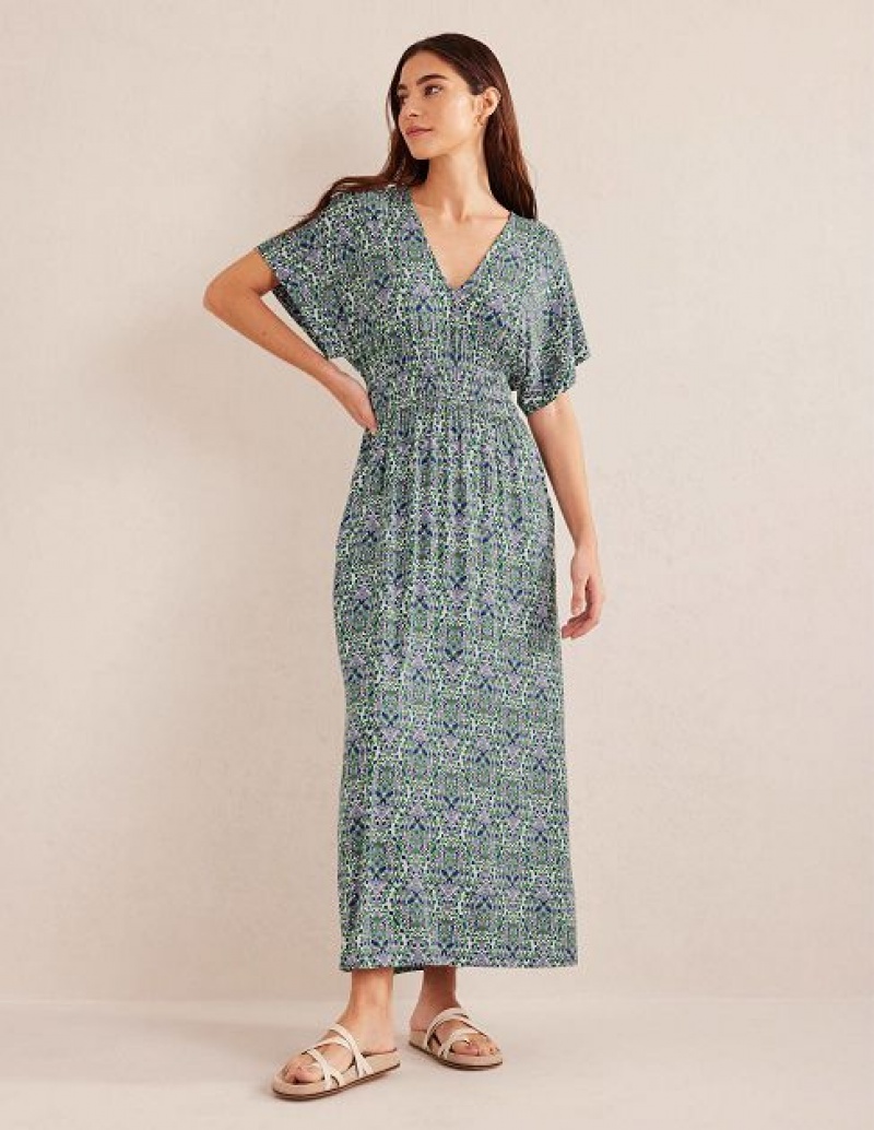 Blue / Green / White Women\'s Boden Smock Waist Jersey Maxi Dress | 61257GLCO