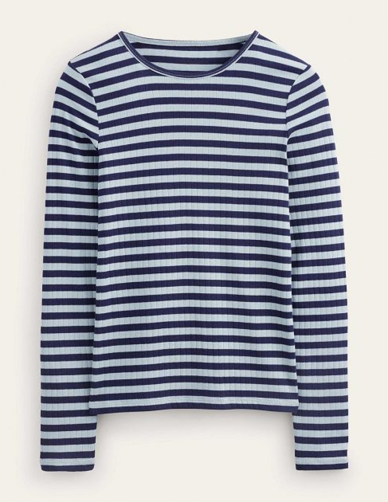 Blue / Navy Women's Boden Anna Rib Crew T-Shirt | 62954FZBM