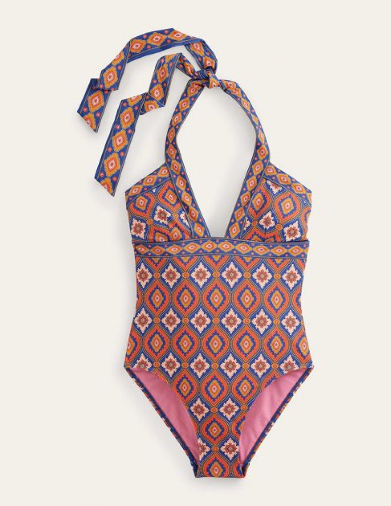 Blue / Orange Women's Boden Ithaca Halter Swimsuits | 03278KQMA