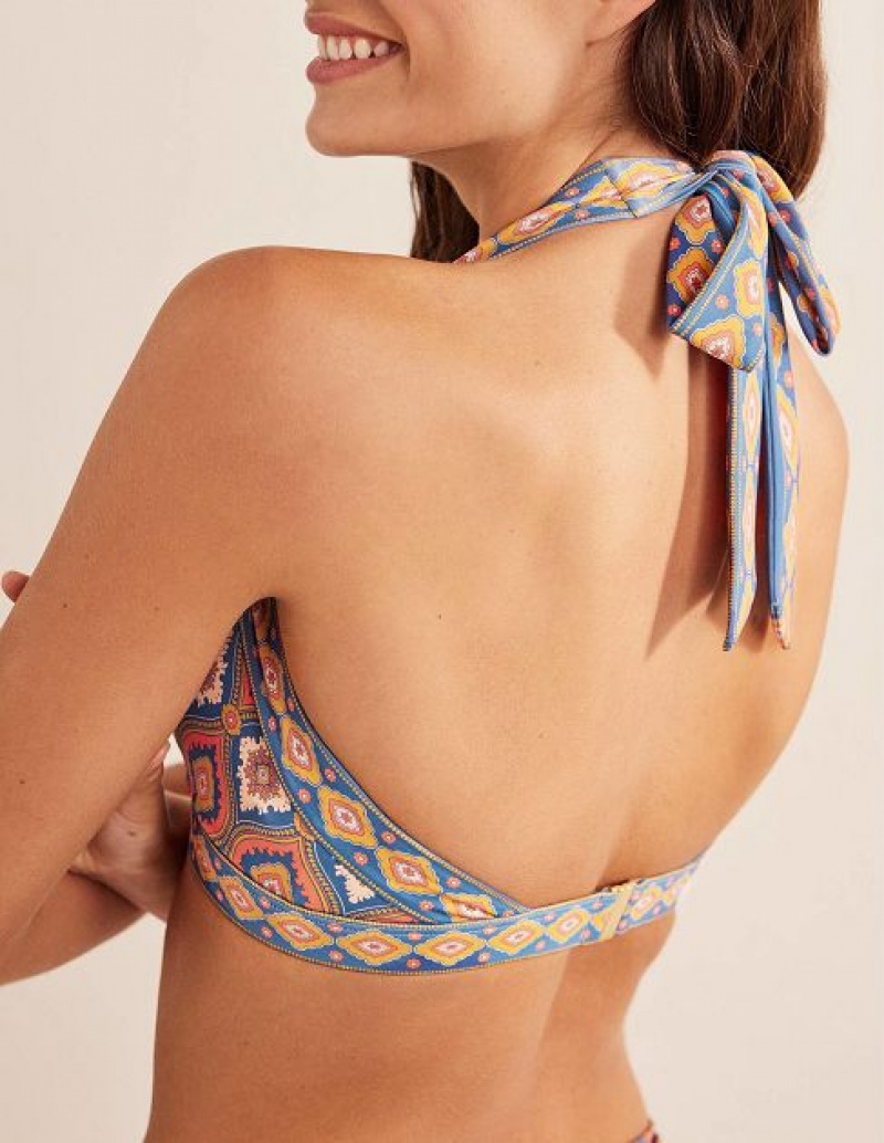 Blue / Orange / White Women's Boden Ithaca Halter Bikini Tops | 94256HNSC