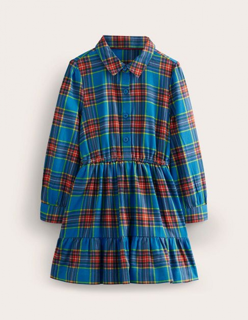 Blue / Red Kids' Boden Check Cotton Shirt Dress | 56023MBFO