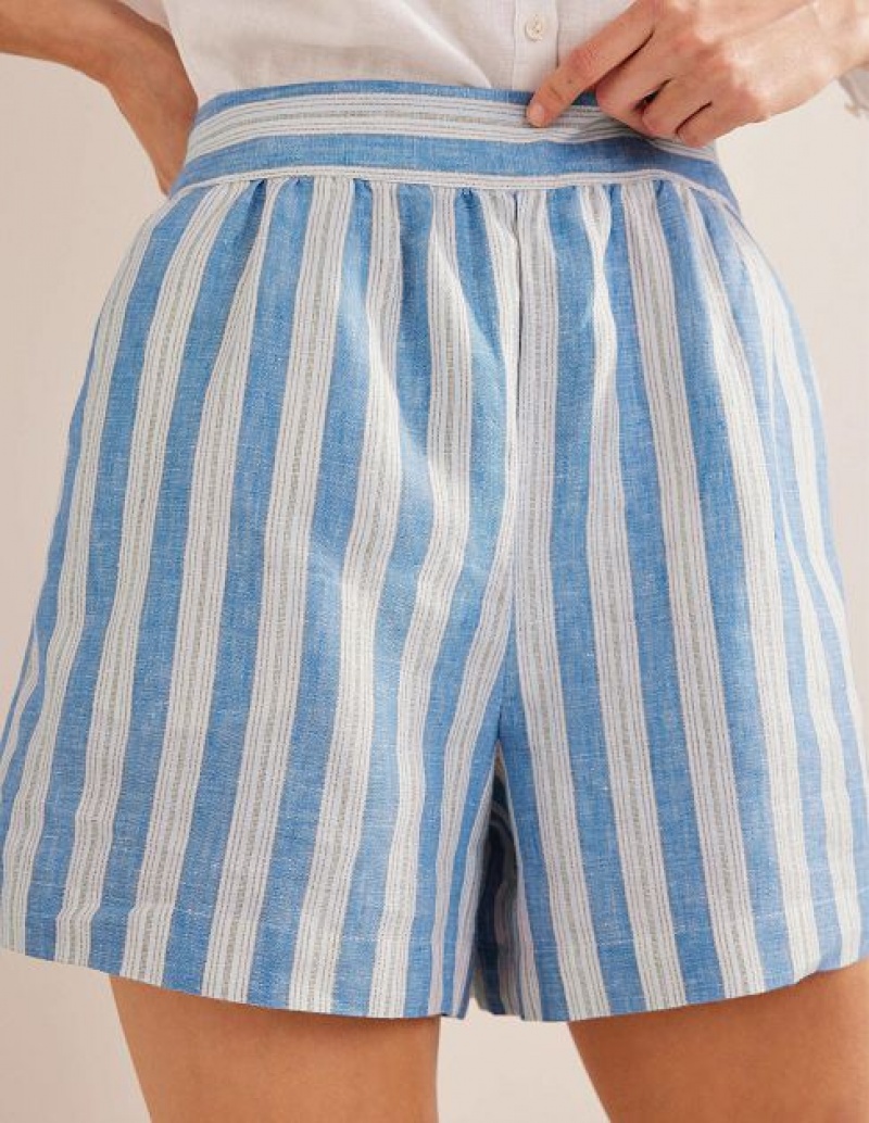 Blue / Stripes Women's Boden Pull-on Linen Shorts | 78269HMKI