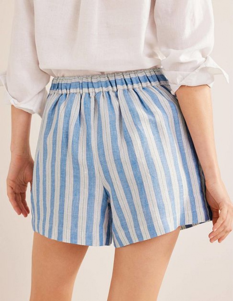 Blue / Stripes Women's Boden Pull-on Linen Shorts | 78269HMKI