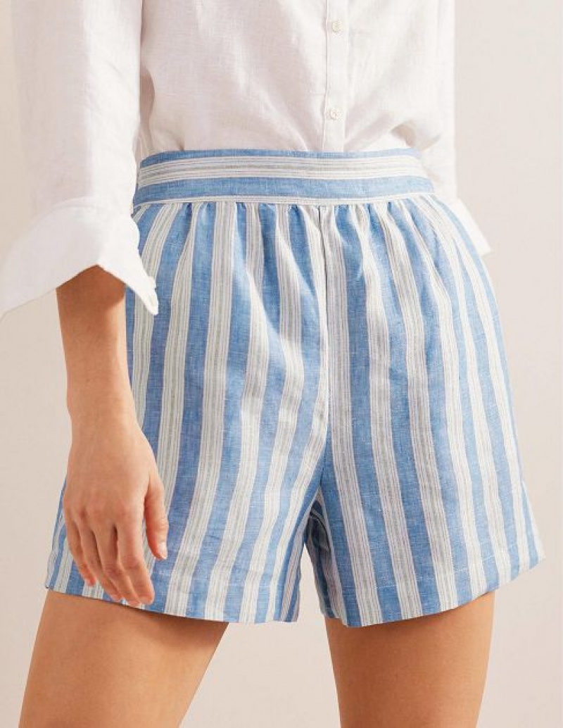 Blue / Stripes Women's Boden Pull-on Linen Shorts | 78269HMKI