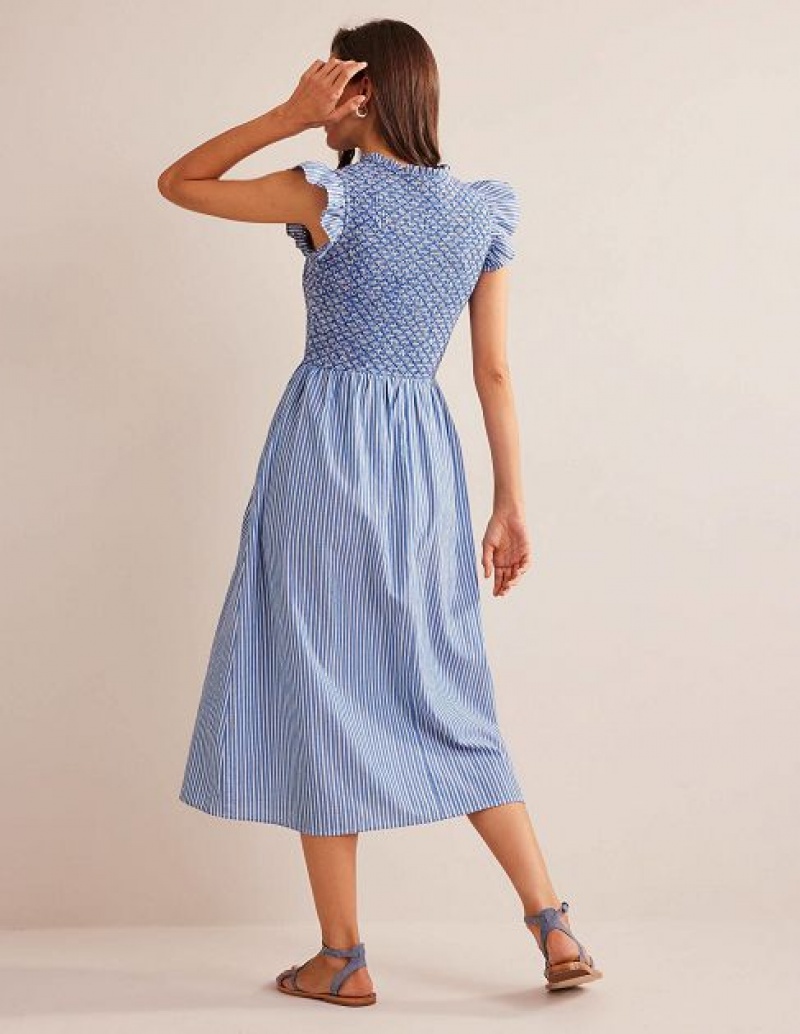 Blue / Stripes Women's Boden Smocked Stripe Midi Dress | 94732YXHD