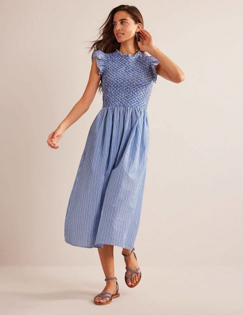 Blue / Stripes Women's Boden Smocked Stripe Midi Dress | 94732YXHD