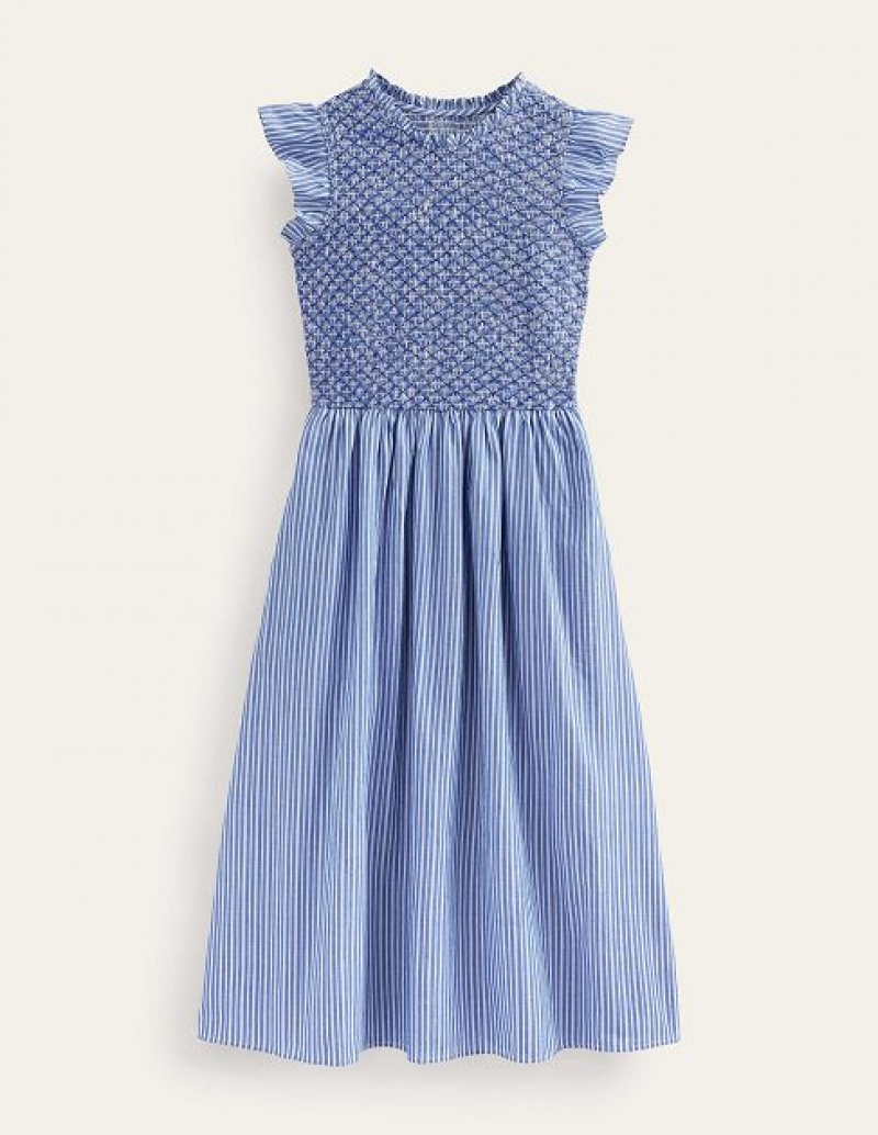 Blue / Stripes Women's Boden Smocked Stripe Midi Dress | 94732YXHD