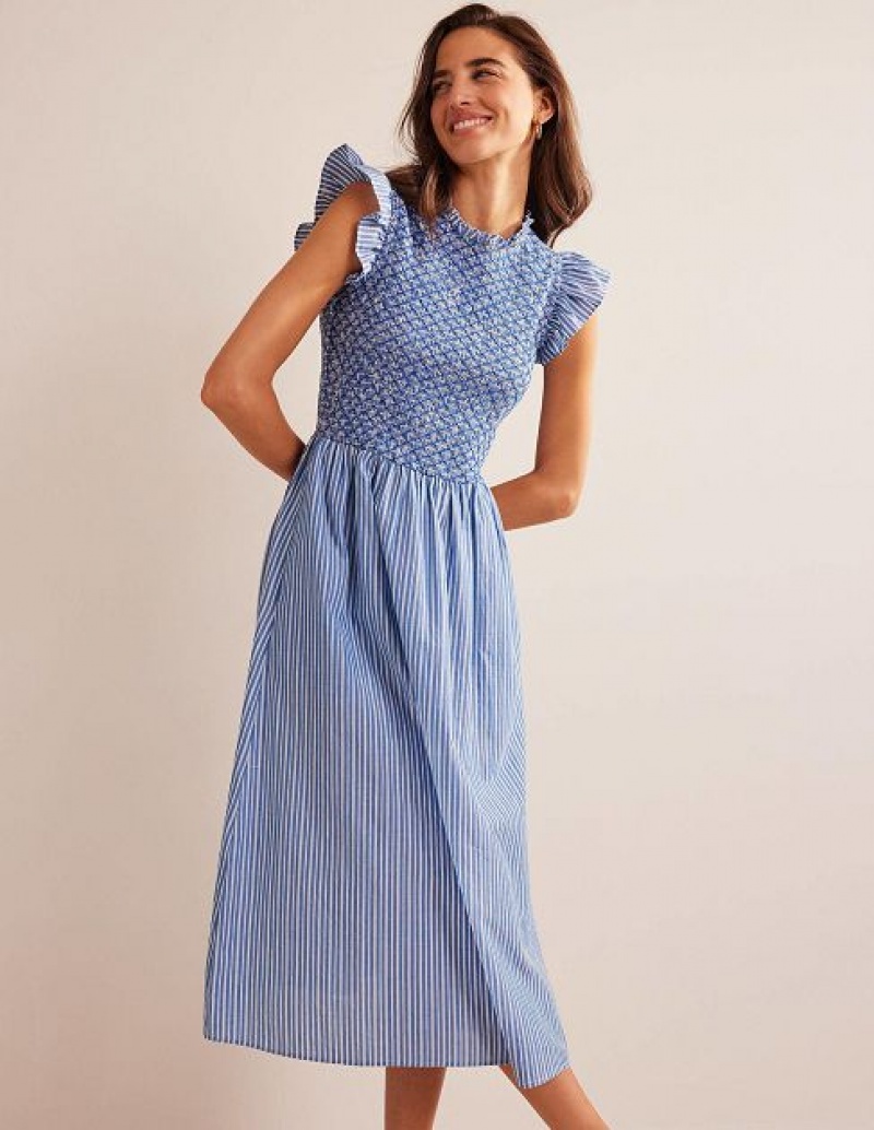 Blue / Stripes Women\'s Boden Smocked Stripe Midi Dress | 94732YXHD