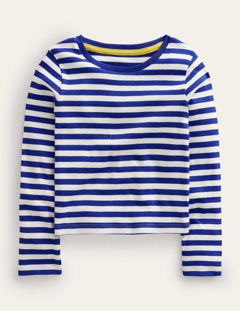 Blue / White Kids' Boden Cropped Long Sleeve T-Shirt | 84275PQXO