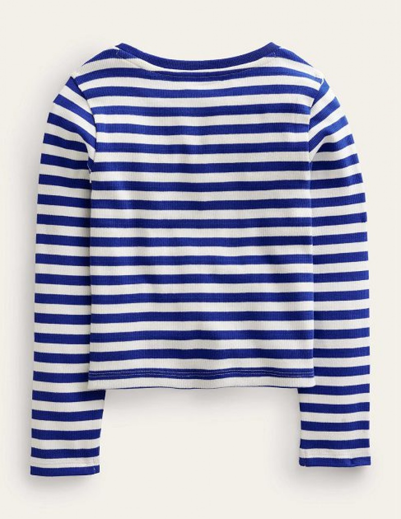 Blue / White Kids' Boden Cropped Long Sleeve T-Shirt | 84275PQXO