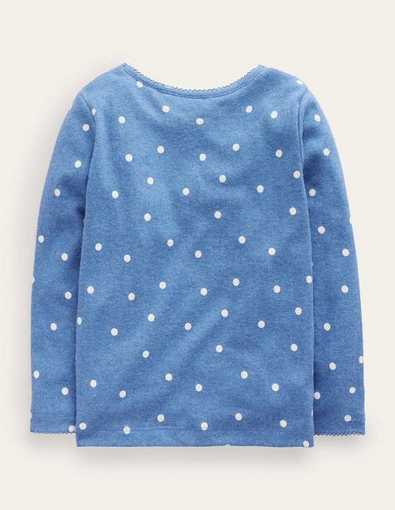 Blue / White Kids' Boden Long Sleeve Pointelle Tops | 21094RGIM