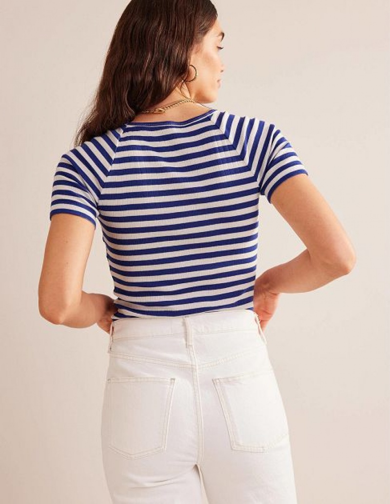 Blue / White Stripes Women's Boden Anna Rib V-neck T-Shirt | 16450VJGY