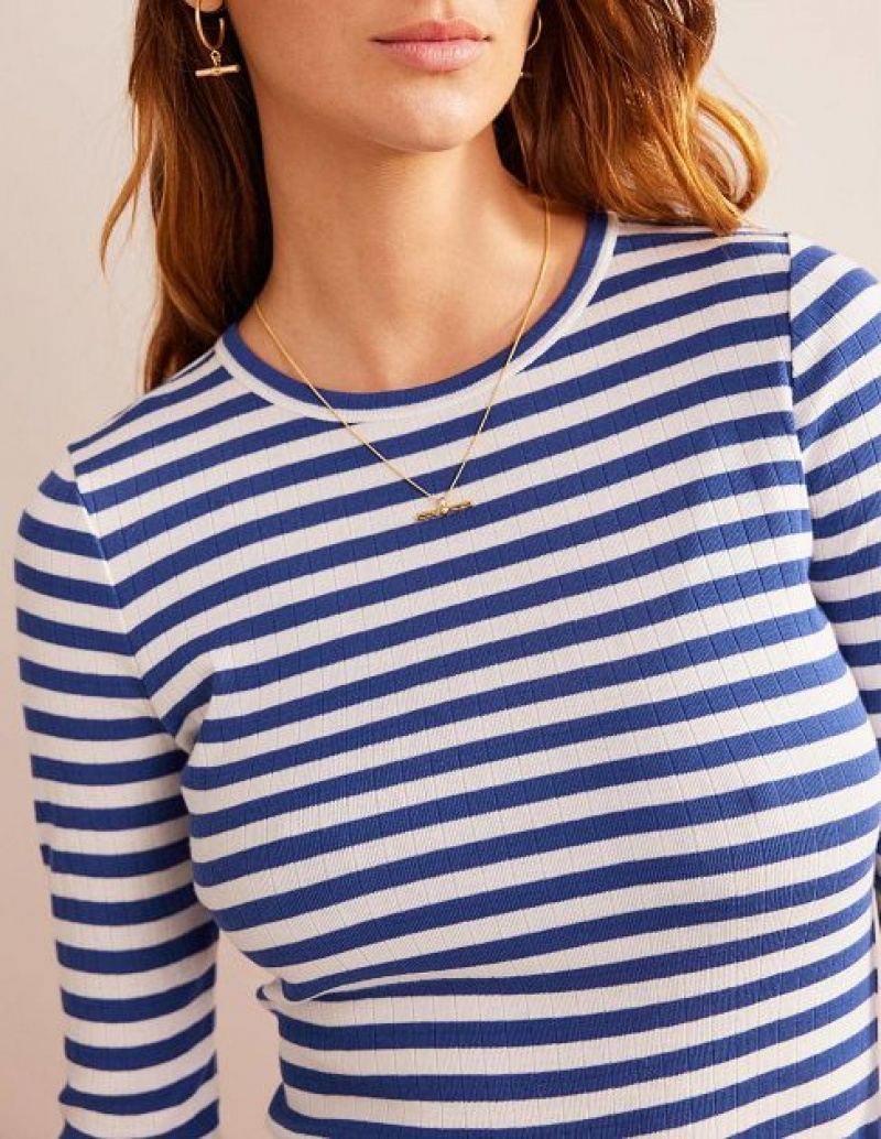 Blue / White Stripes Women's Boden Anna Rib Crew T-Shirt | 64098SVCR