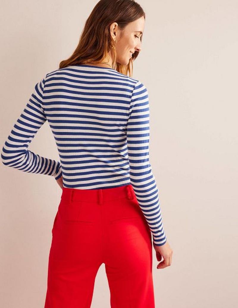 Blue / White Stripes Women's Boden Anna Rib Crew T-Shirt | 64098SVCR