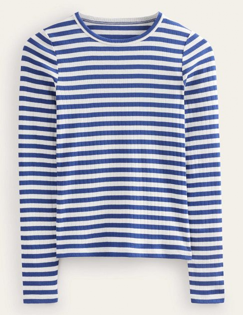 Blue / White Stripes Women's Boden Anna Rib Crew T-Shirt | 64098SVCR