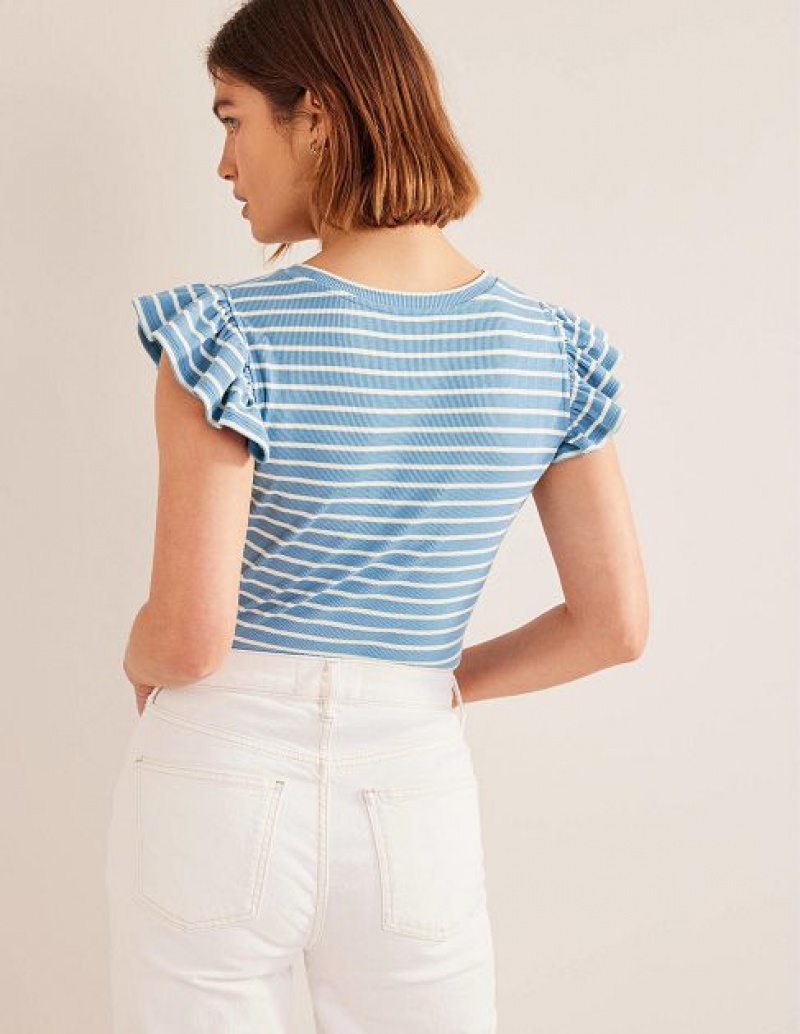 Blue / White Stripes Women's Boden Crew Neck Ribbed Flutter Tops | 34156LASH