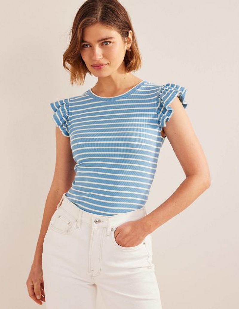 Blue / White Stripes Women's Boden Crew Neck Ribbed Flutter Tops | 34156LASH