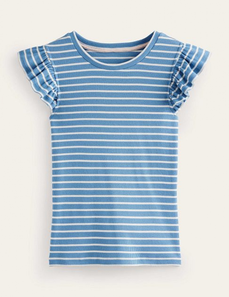 Blue / White Stripes Women's Boden Crew Neck Ribbed Flutter Tops | 34156LASH