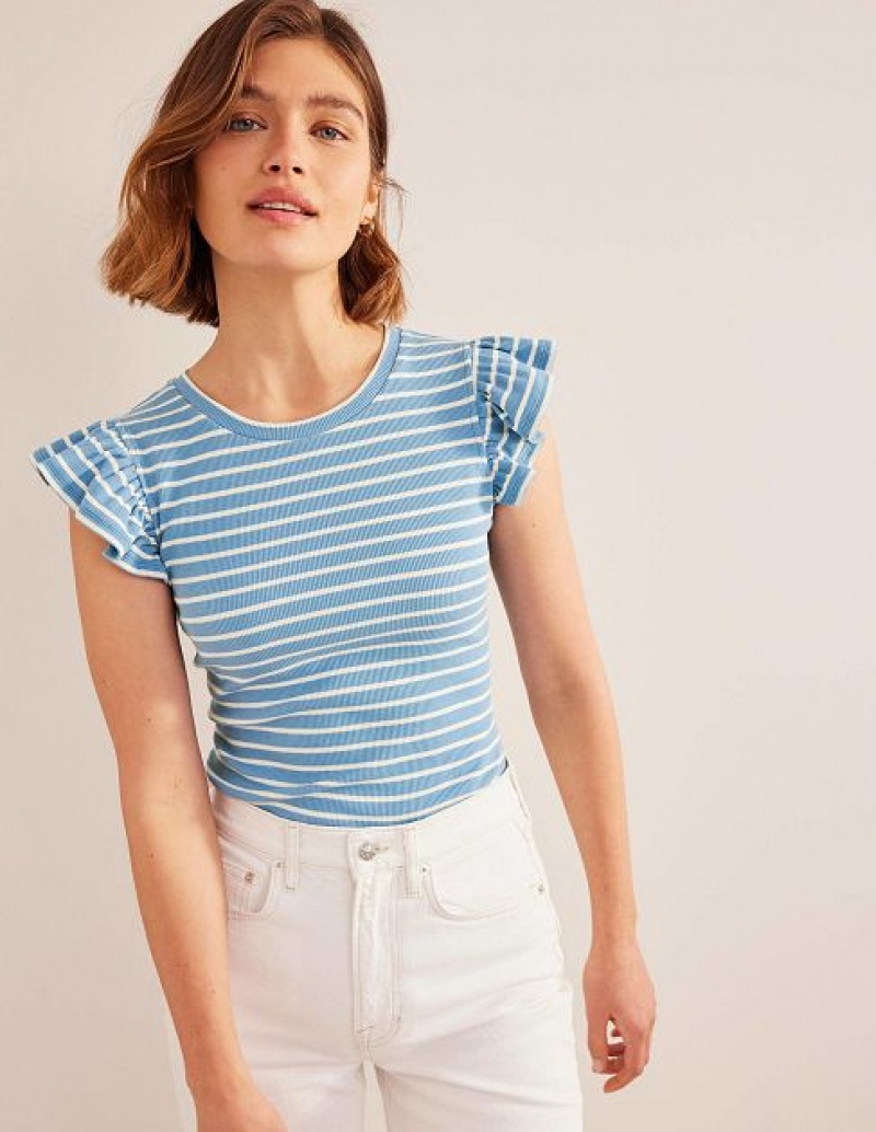 Blue / White Stripes Women\'s Boden Crew Neck Ribbed Flutter Tops | 34156LASH