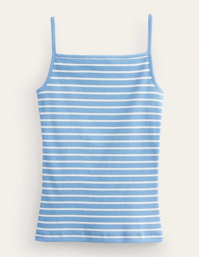 Blue / White Stripes Women's Boden Square Neck Ribbed Tanks | 92568JOES