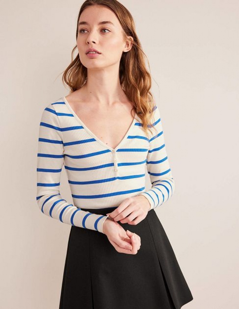 Blue / White Women's Boden Henley Ribbed Tops | 23097HLUF