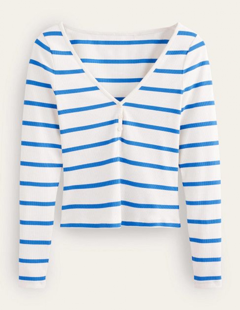 Blue / White Women's Boden Henley Ribbed Tops | 23097HLUF