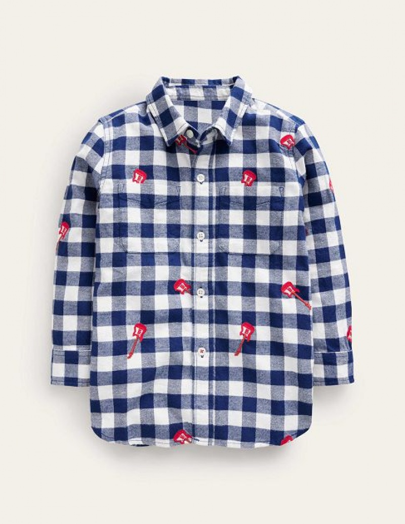 Blue / White / Red Kids' Boden Embroidered Flannel Shirts | 91720KFYE