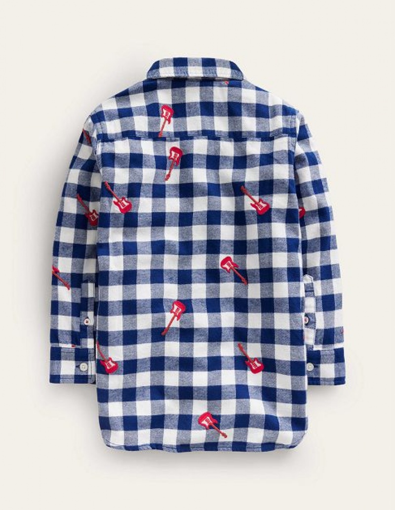 Blue / White / Red Kids' Boden Embroidered Flannel Shirts | 91720KFYE