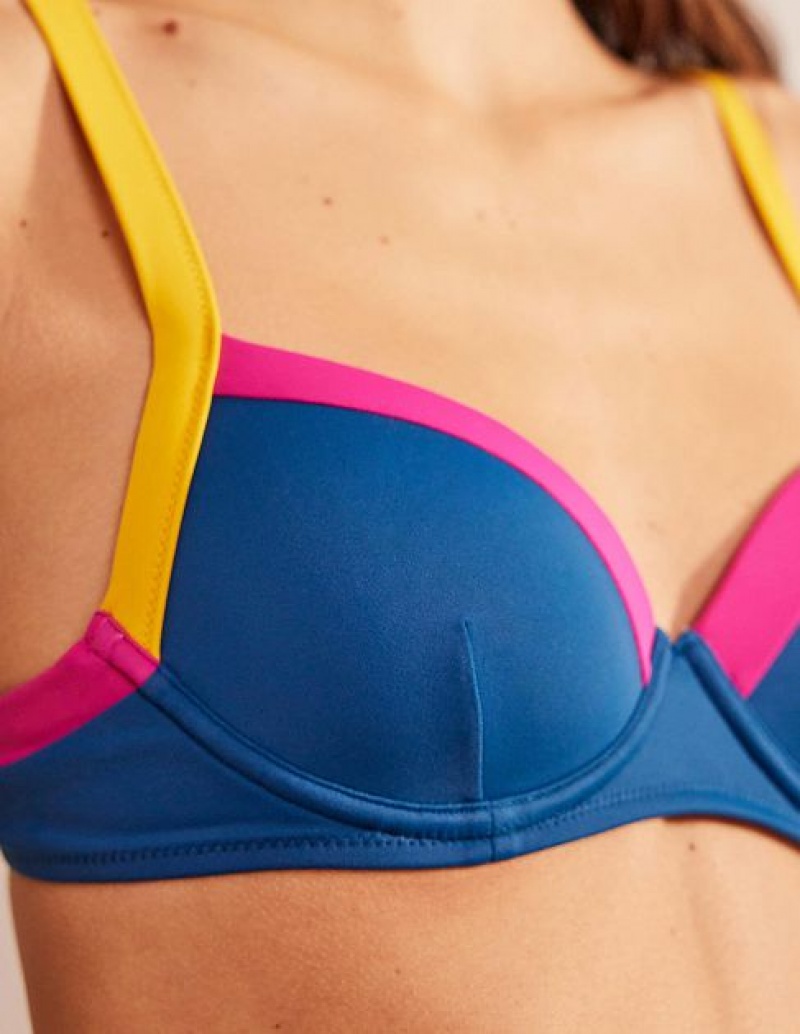 Blue / Yellow Women's Boden Panelled Cup-size Bikini Tops | 24370TKMI