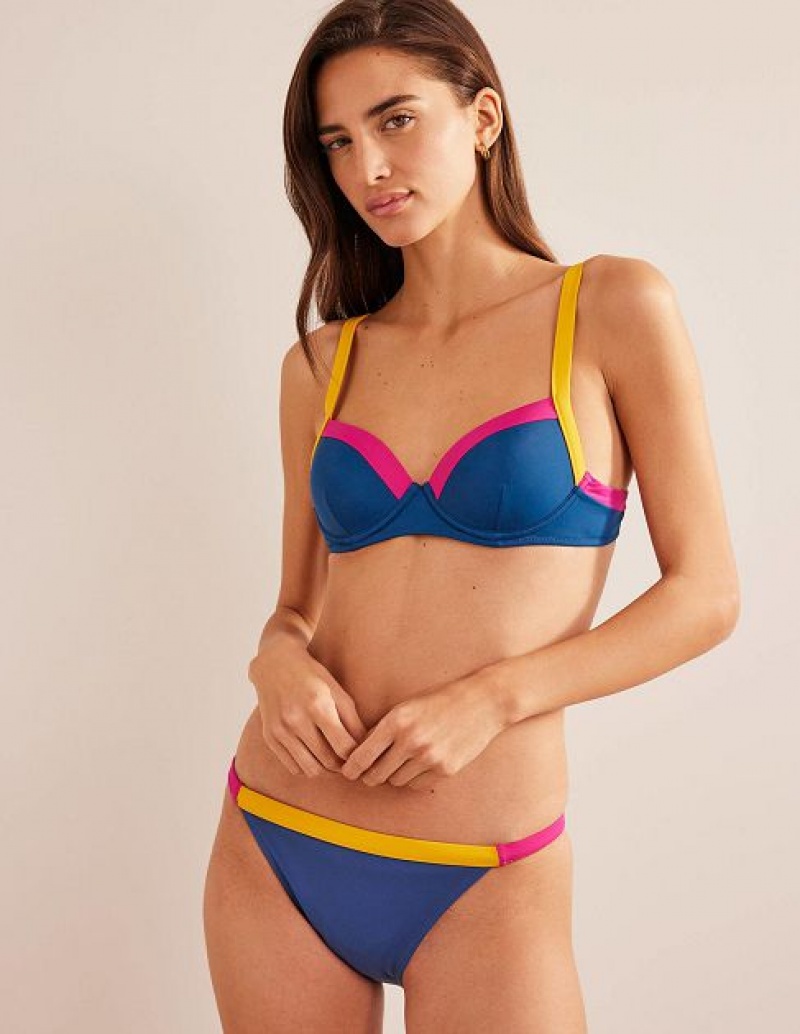 Blue / Yellow Women's Boden Panelled Cup-size Bikini Tops | 24370TKMI