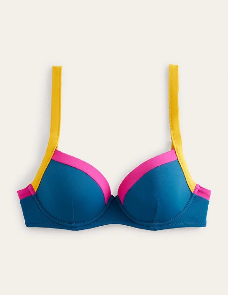 Blue / Yellow Women's Boden Panelled Cup-size Bikini Tops | 24370TKMI