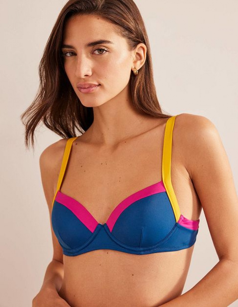 Blue / Yellow Women\'s Boden Panelled Cup-size Bikini Tops | 24370TKMI