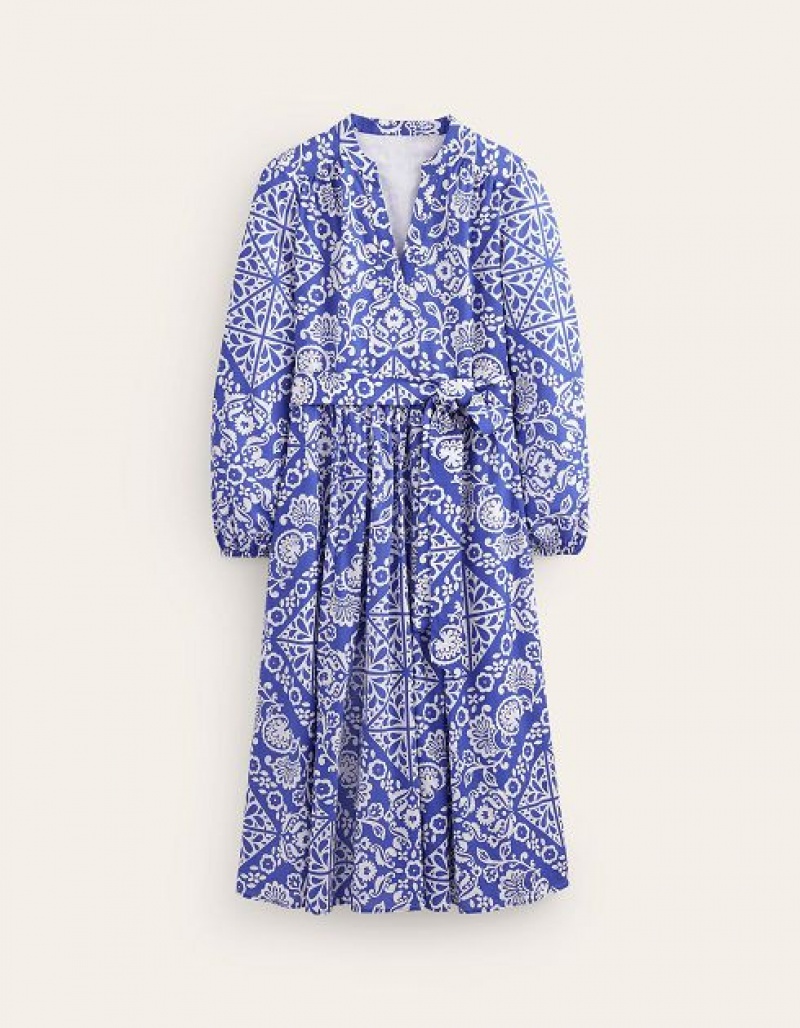 Blue / white Women's Boden Jen Cotton Midi Dress | 75891ZNPT